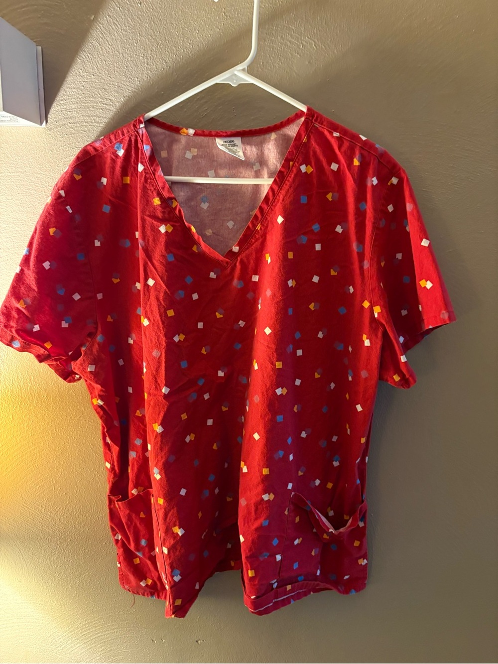 Red V-Neck Short Sleeve Top with Confetti Dot Print